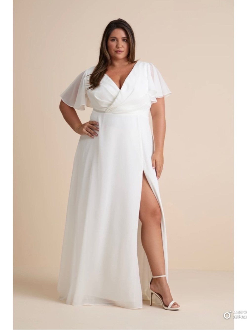 Lulu's White Flutter Sleeve V-Neck Wedding Gown with Thigh Slit